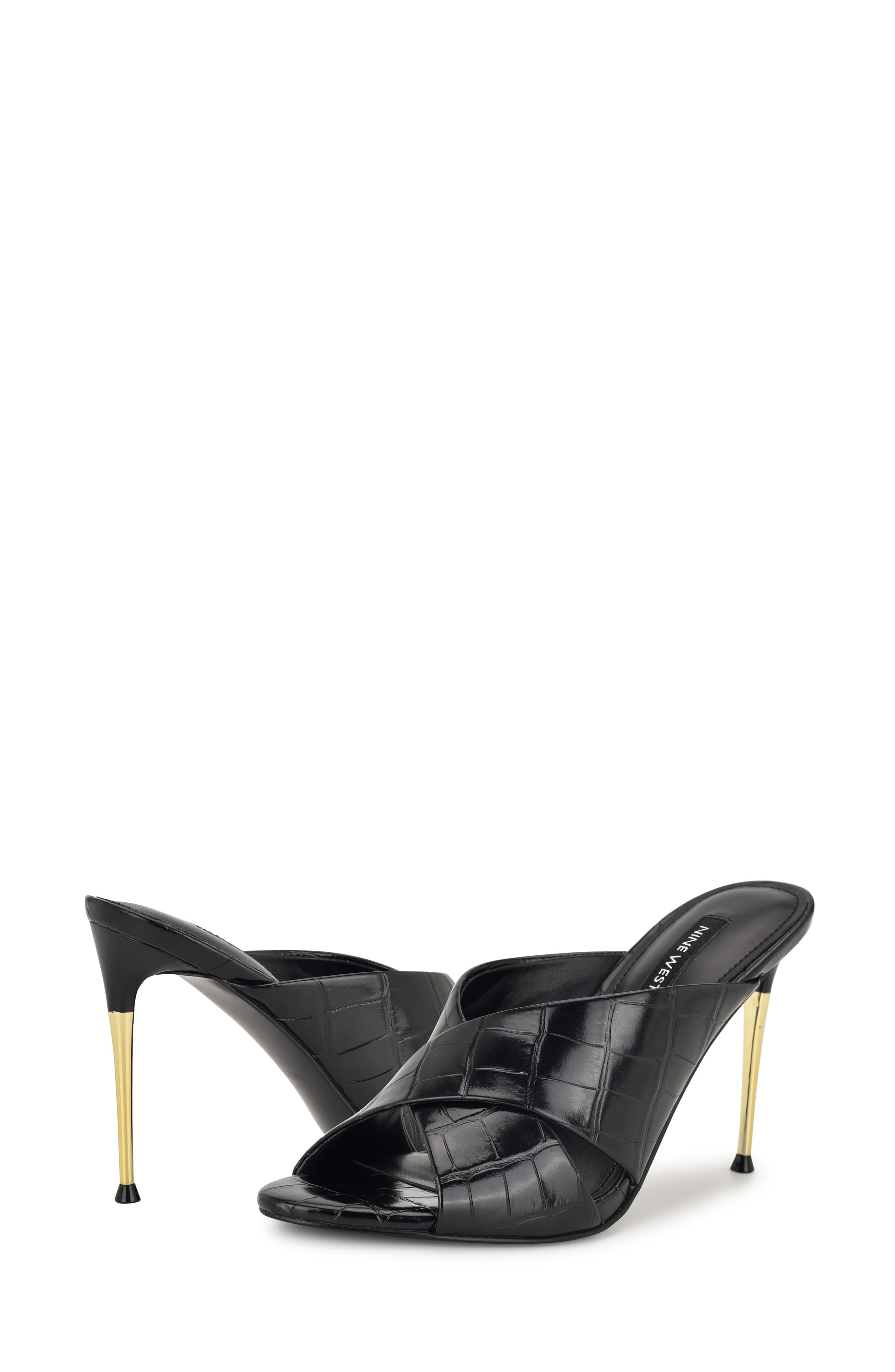 Nine West Sancie Croc Embossed Stiletto Sandal, Alternate, color, Black