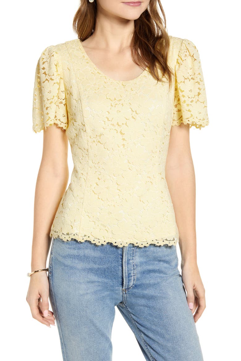Lace Flutter Sleeve Top, Main, color, YELLOW CLOVER