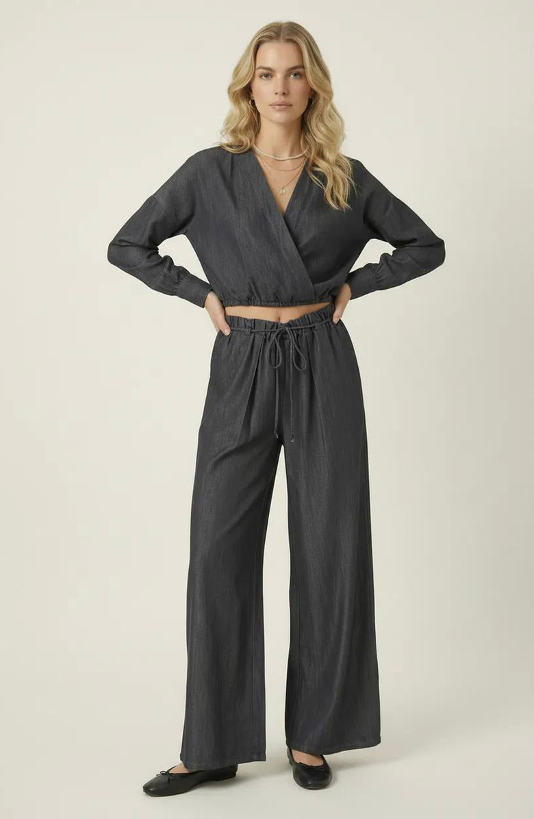 Modenaire Relaxed Drawstring Wide-Leg Collared Lounge Set, Main, color, Dark Blue