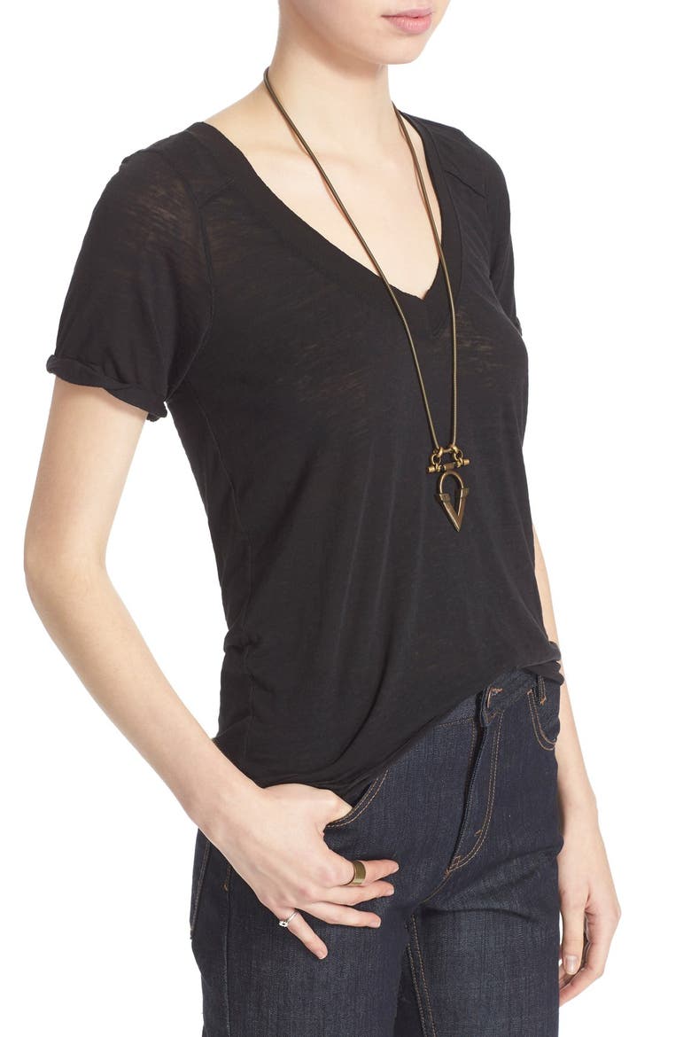 'Pearls' Raw Edge V-Neck Tee, Alternate, color, BLACK