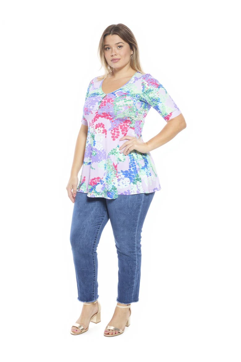 Plus Size Abstract V-Neck Elbow Sleeve Henley Tunic Top, Alternate, color, Purple Multi