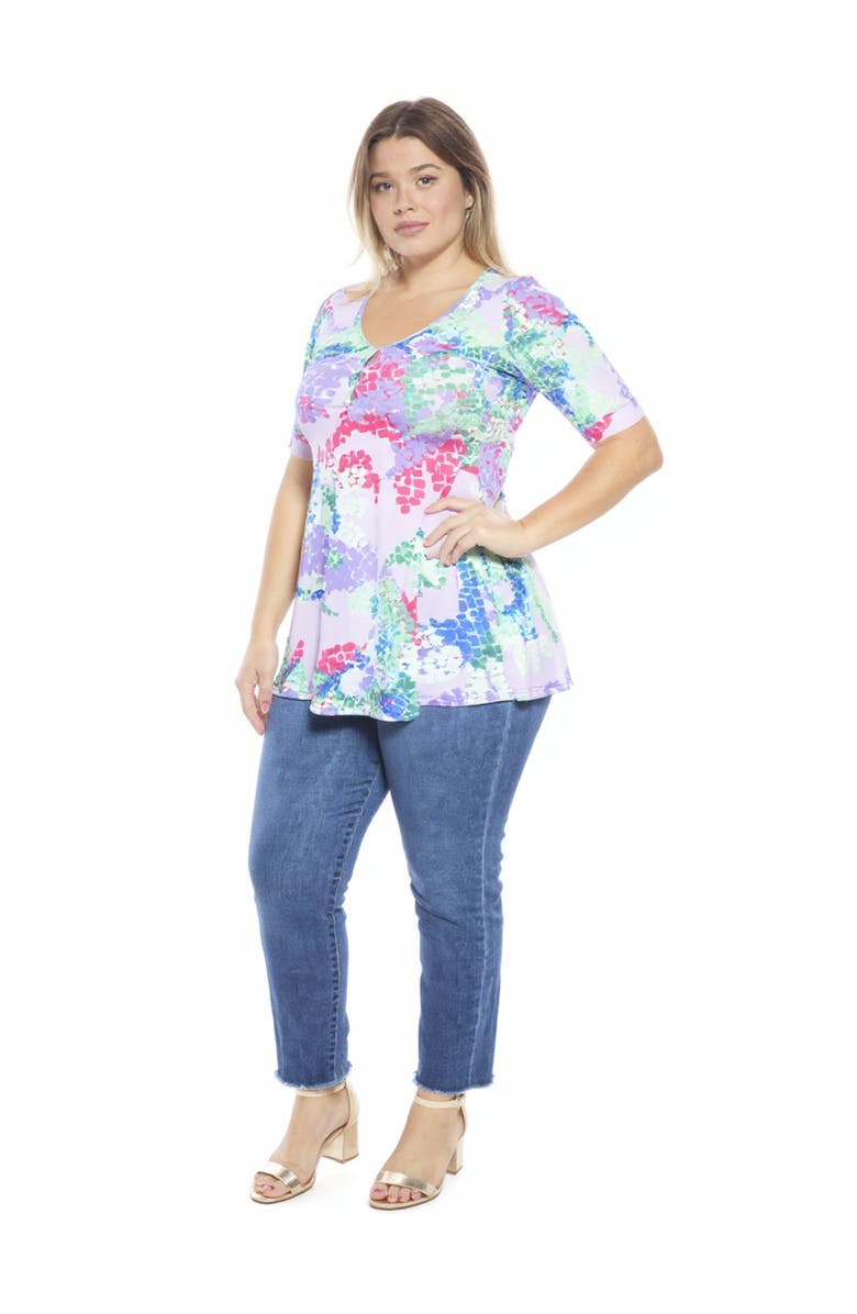 24seven Comfort Apparel Plus Size Abstract V-Neck Elbow Sleeve Henley Tunic Top, Alternate, color, Purple Multi