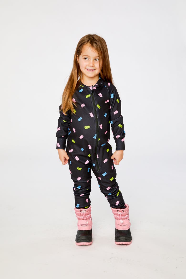 One Piece Gummy Bears Fleece Zipper Asymmetric Thermal Underwear, Alternate, color, Black Printed Gummy Bears