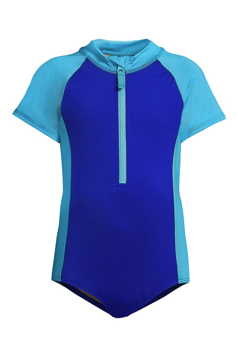 Girls Long Sleeve Half Zip One Piece UPF 50 Swimsuit, Alternate, color, Turquoise/Electric Blue