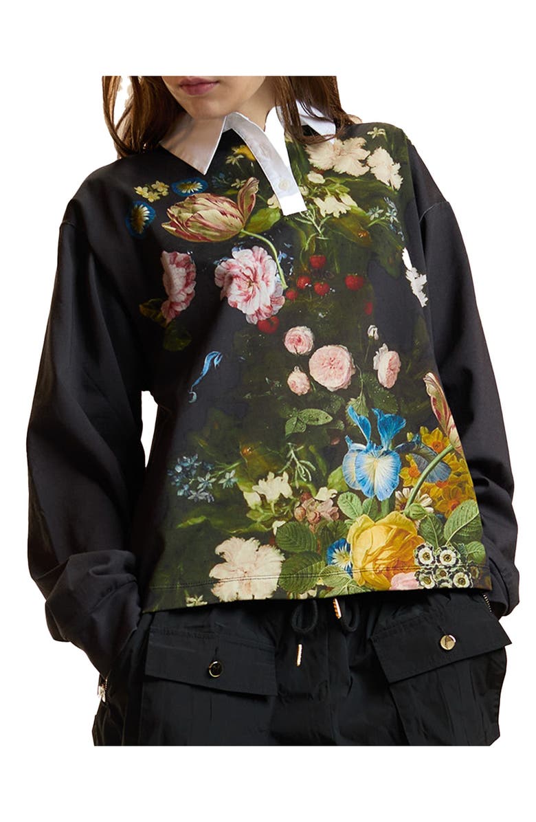 Cynthia Rowley Printed Cotton Rugby Shirt, Alternate, color, Black Bouquet