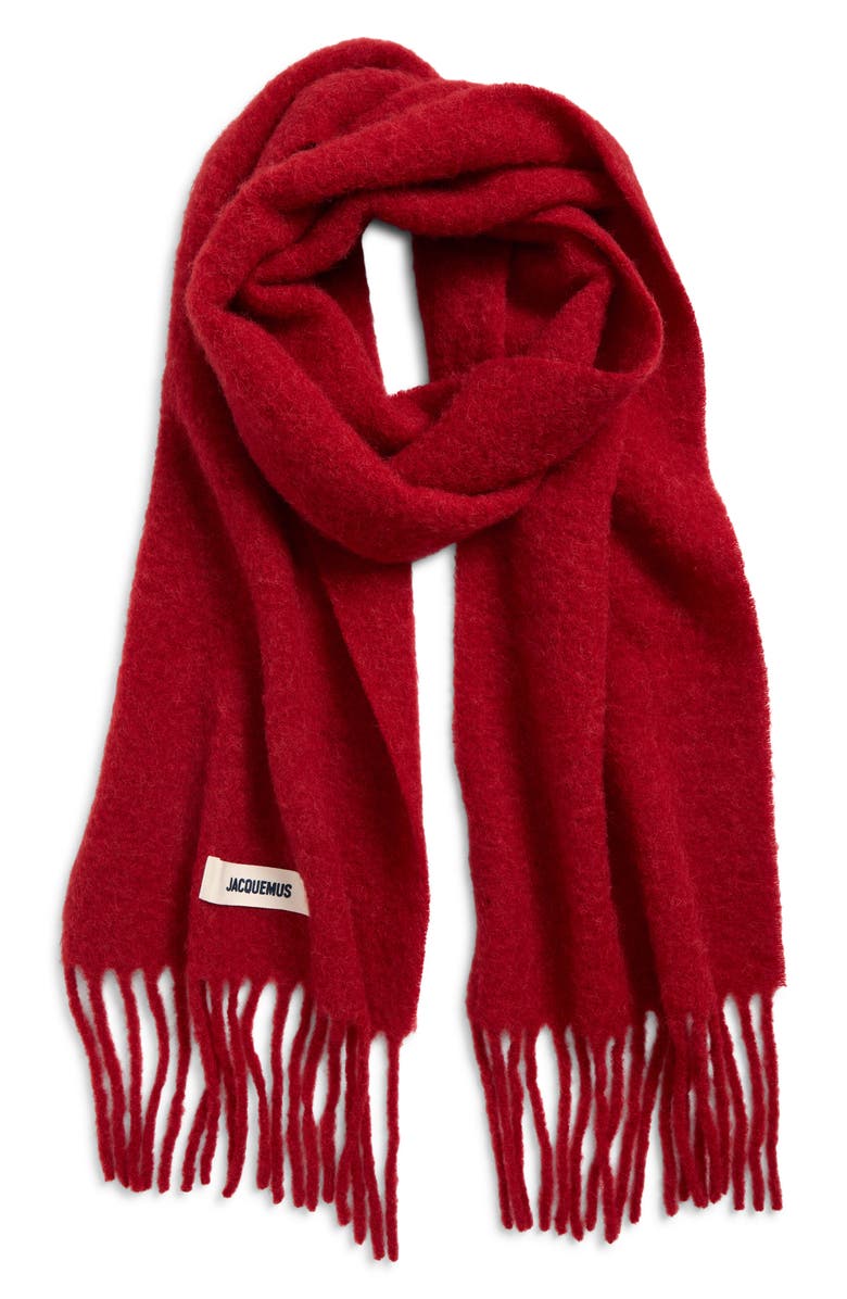 Jacquemus L'écharpe Carro Mohair, Alpaca & Wool Blend Fringe Scarf, Main, color, Dark Red 480