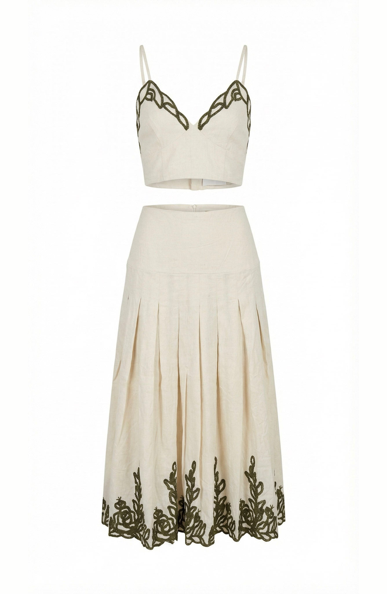 Modenaire Embroidered Crop Top and Pleated Midi Skirt Set, Alternate, color, 