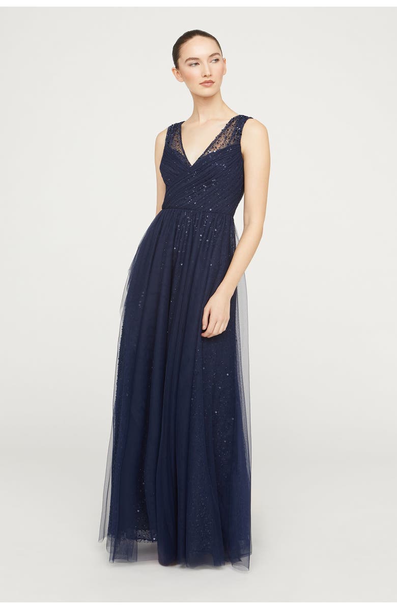 Theia Kiana Beaded V-Neck Gown, Alternate, color, Navy