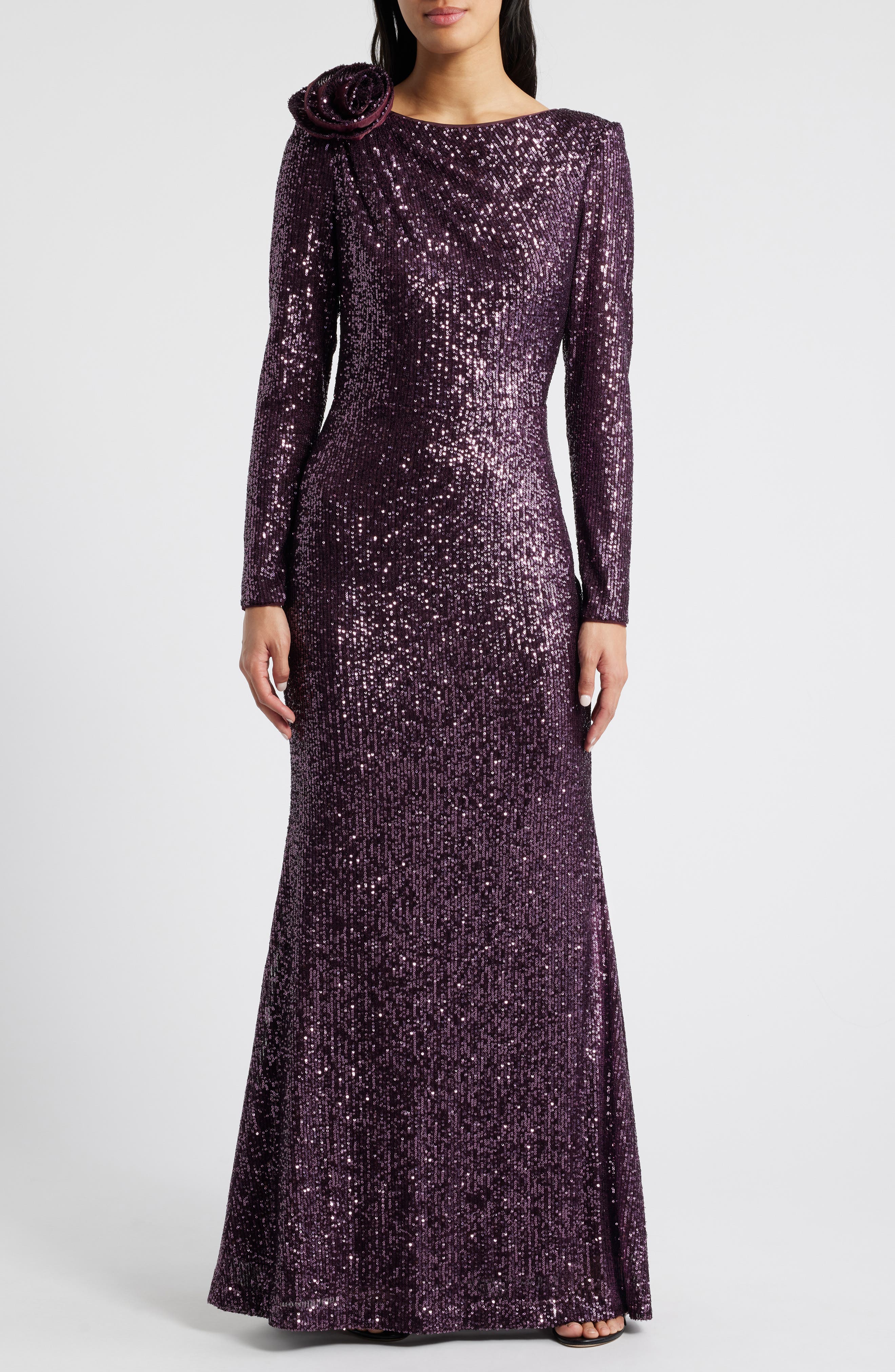 Eliza J Bateau Neck Long Sleeve Sequin Mermaid Gown in Plum 