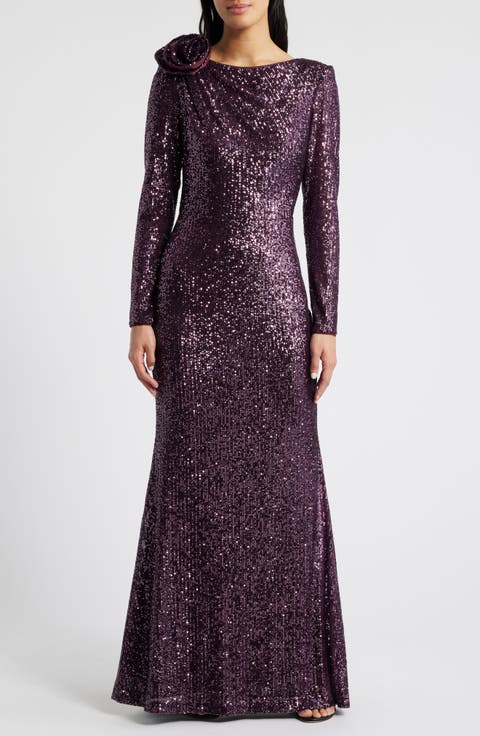 Bateau Neck Long Sleeve Sequin Mermaid Gown