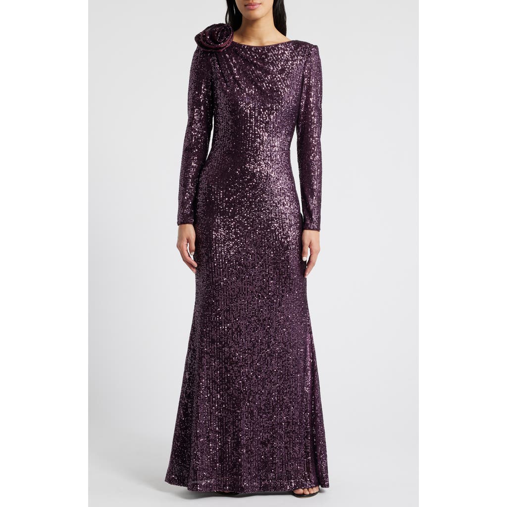 Eliza J Bateau Neck Long Sleeve Sequin Mermaid Gown in Plum