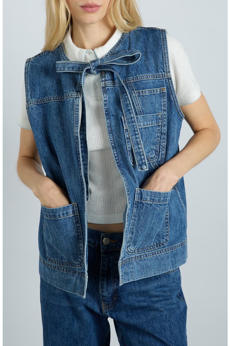Milly Tie Front Denim Vest, Alternate, color, BLUE