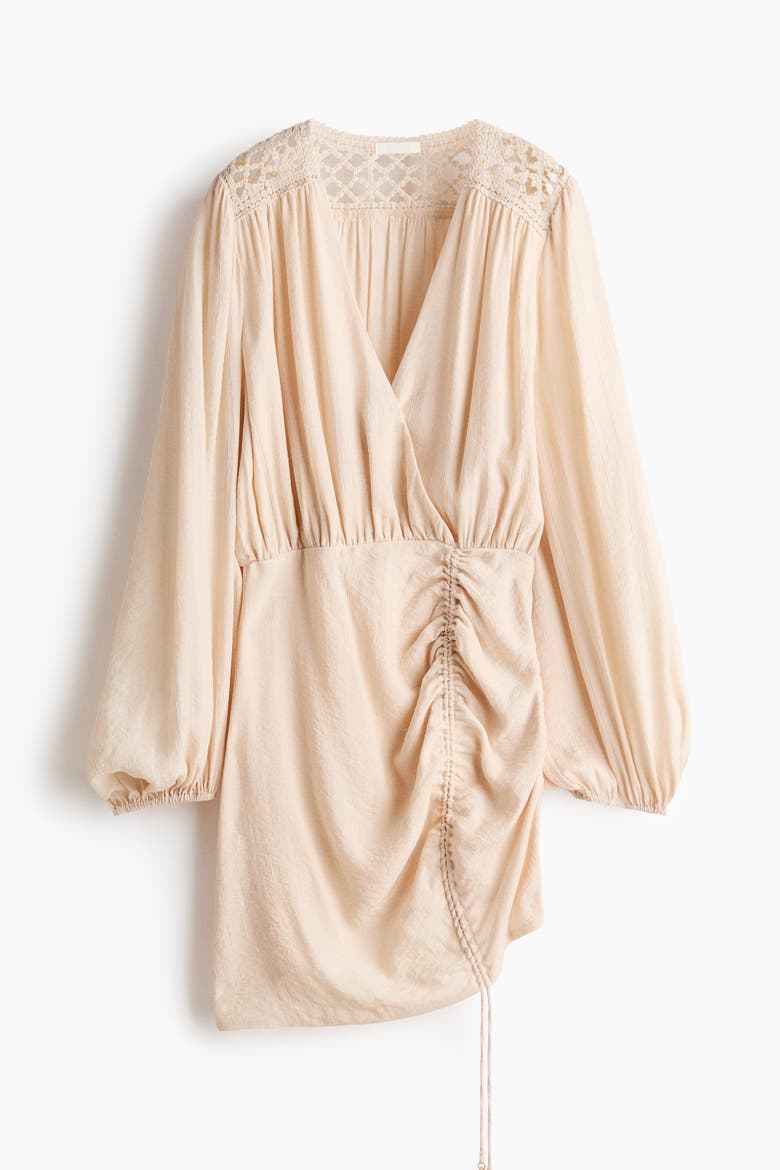 Drawstring-detail Balloon-sleeved Dress, Alternate, color, Light apricot