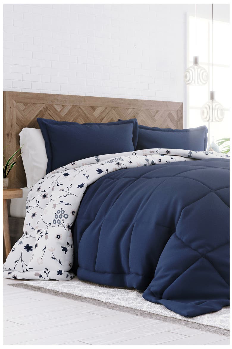 HOME SPUN Premium Down Alternative Forget Me Not Reversible Comforter Set, Alternate, color, NAVY