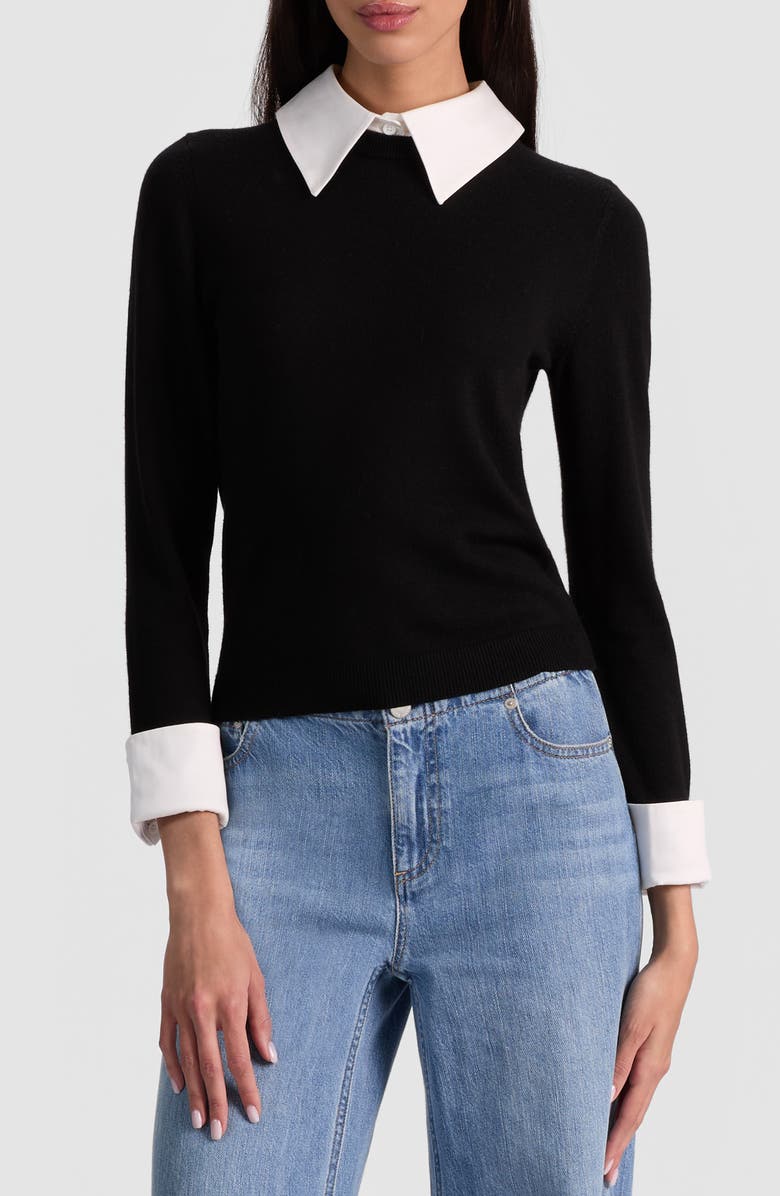 Alice + Olivia Porla Collared Wool Blend Mixed Media Sweater, Main, color, Black