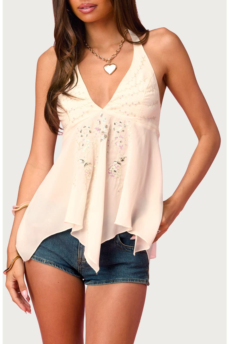 x Barbie™ Sequin Chiffon Handkerchief Hem Top, Main, color, IVORY