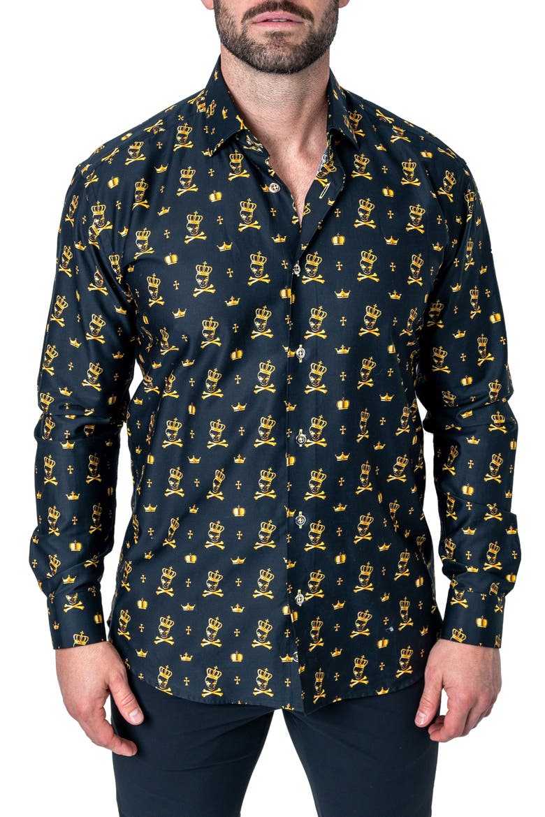 Fibonacci Regular Fit Kingskull Black Button-Up Shirt, Main, color, BLACK