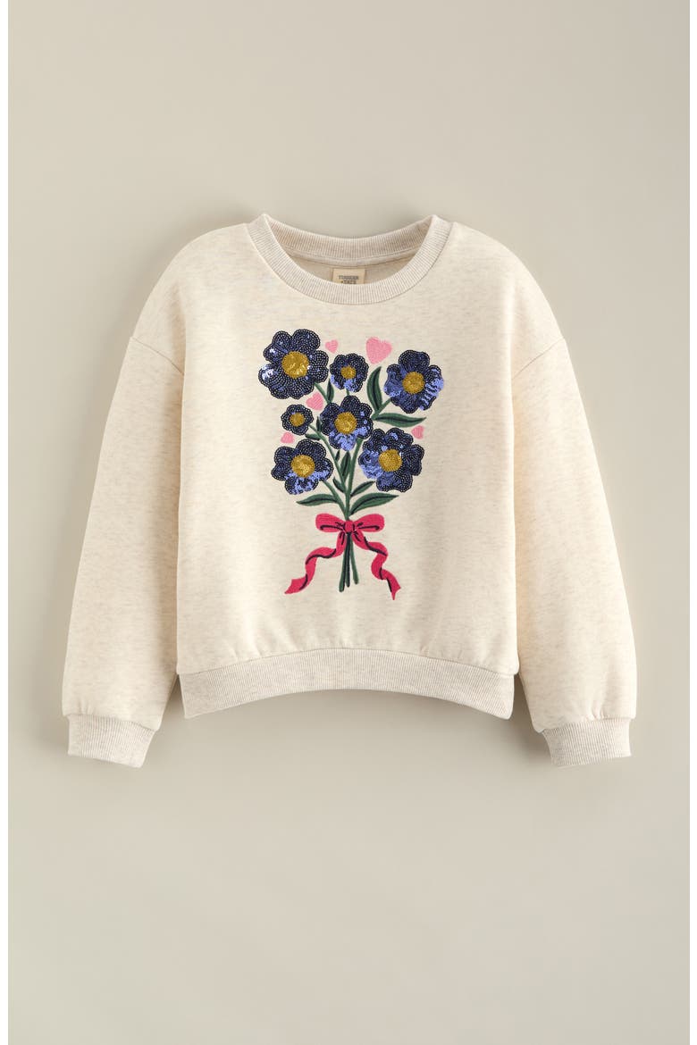 Kids' Embellished Sweatshirt, Main, color, BEIGE OAT HEATHER FLORAL SHINE