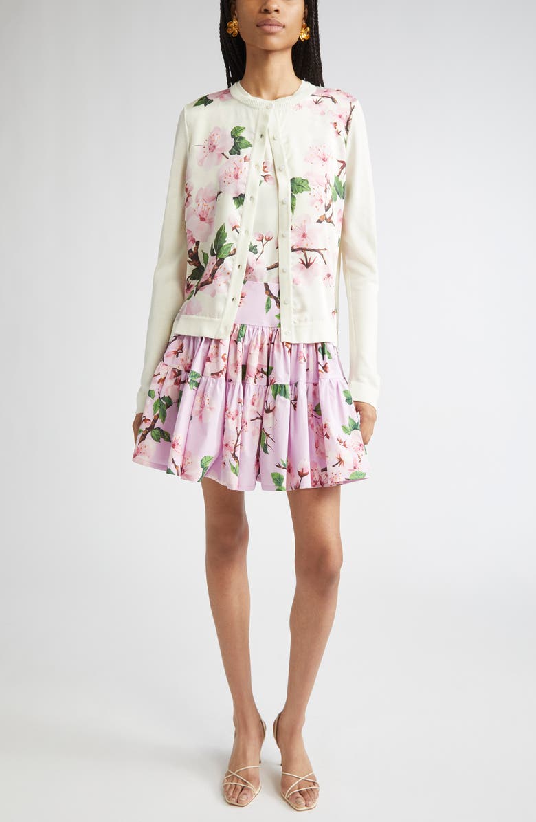 Oscar de la Renta Cherry Blossom Inset Cardigan, Alternate, color, Pink/ Ecru