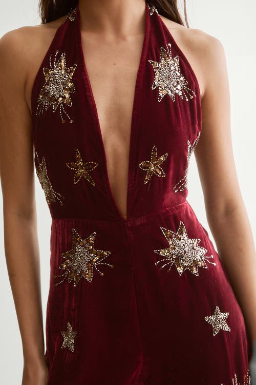 Nasty Gal Star Embellished Velvet Halter Jumpsuit In Burgundy