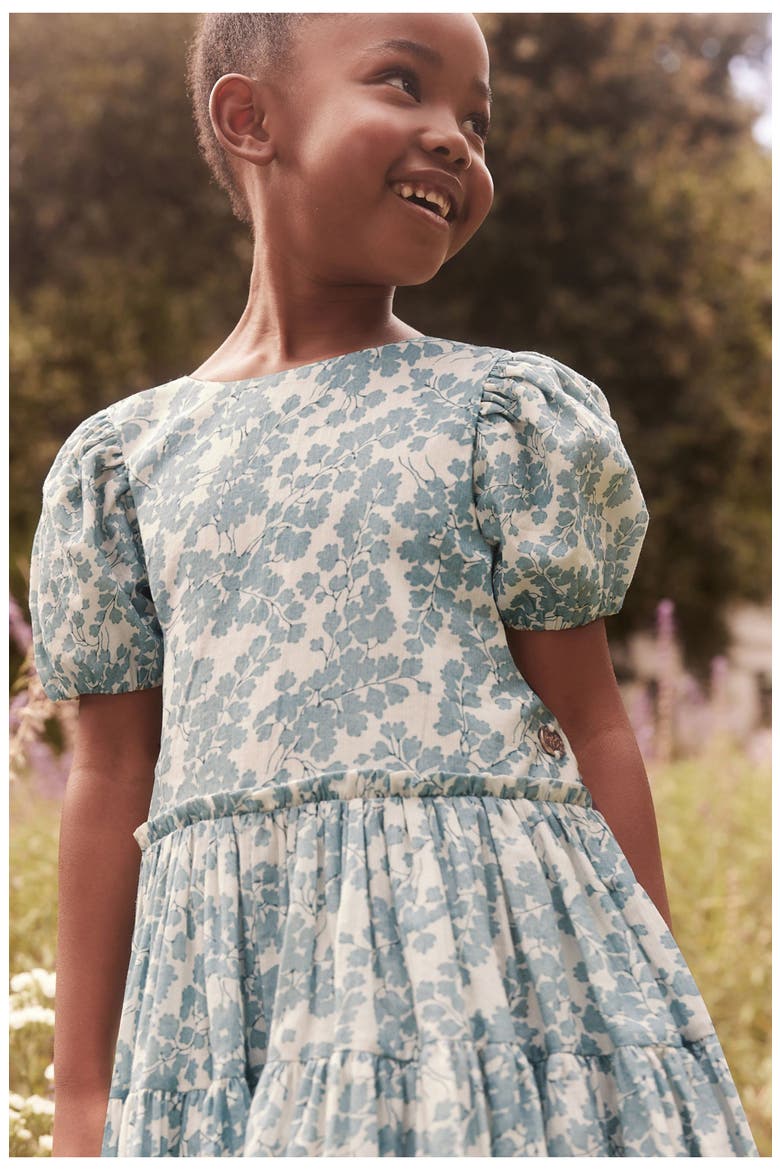 Kids' Floral Tiered Puff Sleeve Cutout Cotton Dress, Alternate, color, IVORY BLUE