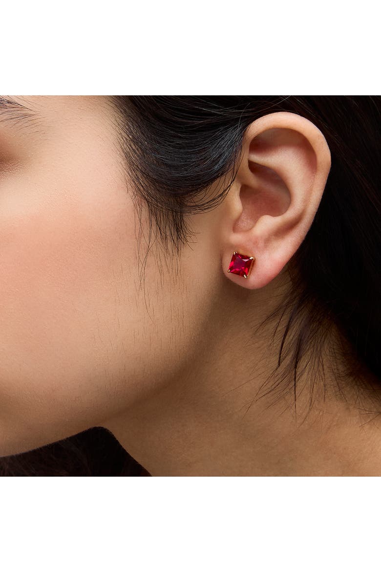 18K Yellow Gold 7x7 MM Created Red Ruby Princess Cut Solitaire Stud Earrings, Alternate, color, Yellow Gold