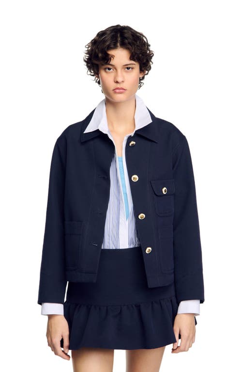 Sandro Cropped Jacket With Officer Buttons In Navy Blue