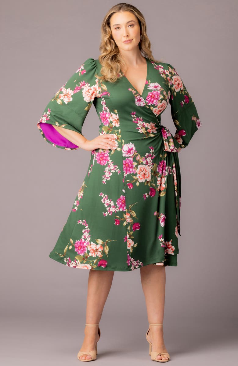Kiyonna Gemini Floral Bell Sleeve Wrap Dress, Alternate, color, Green Floral Print