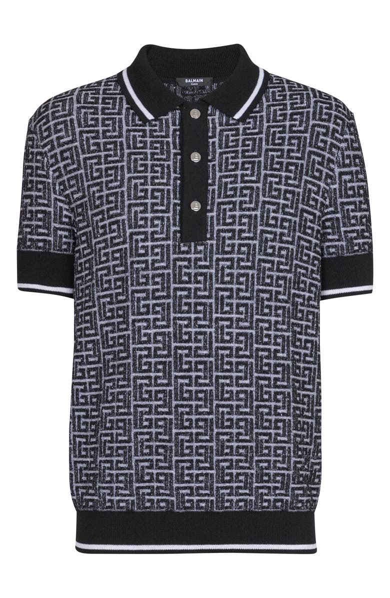 Balmain Monogram Jacquard Merino Wool Polo Sweater, Alternate, color, Gab White/ Black