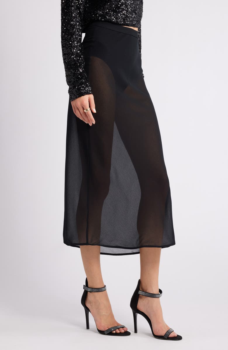 Open Edit Sheer Chiffon Midi Skirt, Alternate, color, Black