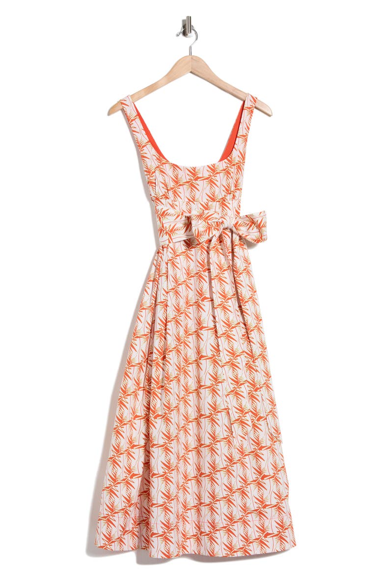 Thalia Tie Waist Stretch Cotton Dress, Alternate, color, PALM GEO ORANGE