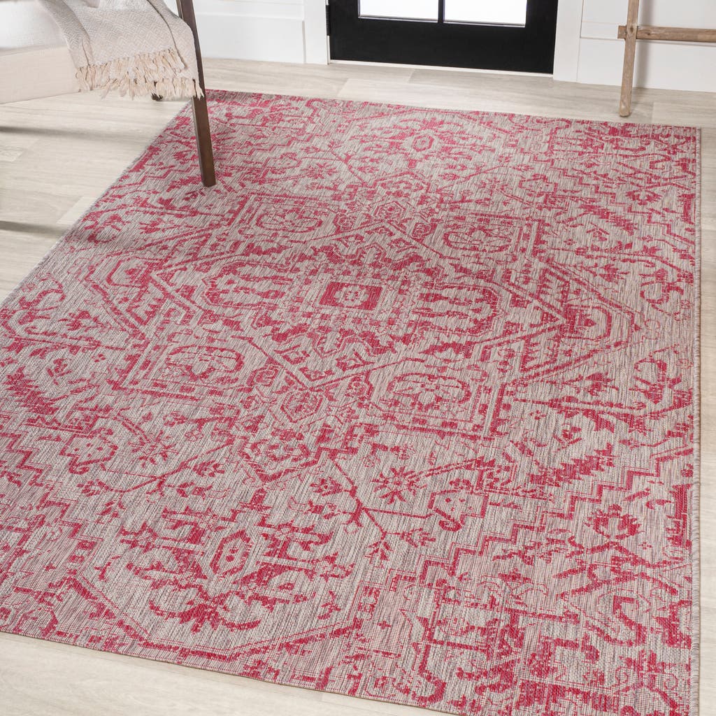 Jonathan Y Estrella Bohemian Medallion Textured Weave Indoor/outdoor Area Rug In Light Gray/fuchsia