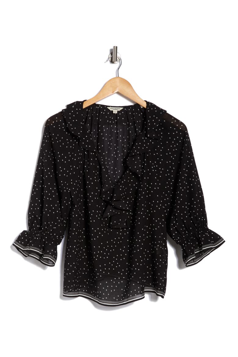 Ruffle Front Floral Top, Alternate, color, BLACK/ IVORY POLKA DOT