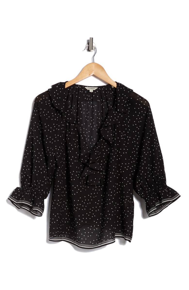 MAX STUDIO Ruffle Front Floral Top, Main, color, Black/ Ivory Polka Dot