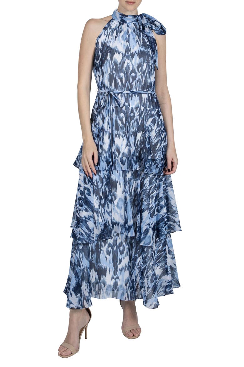 Tiered Tie Neck Maxi Dress, Alternate, color, BLUE MULTI