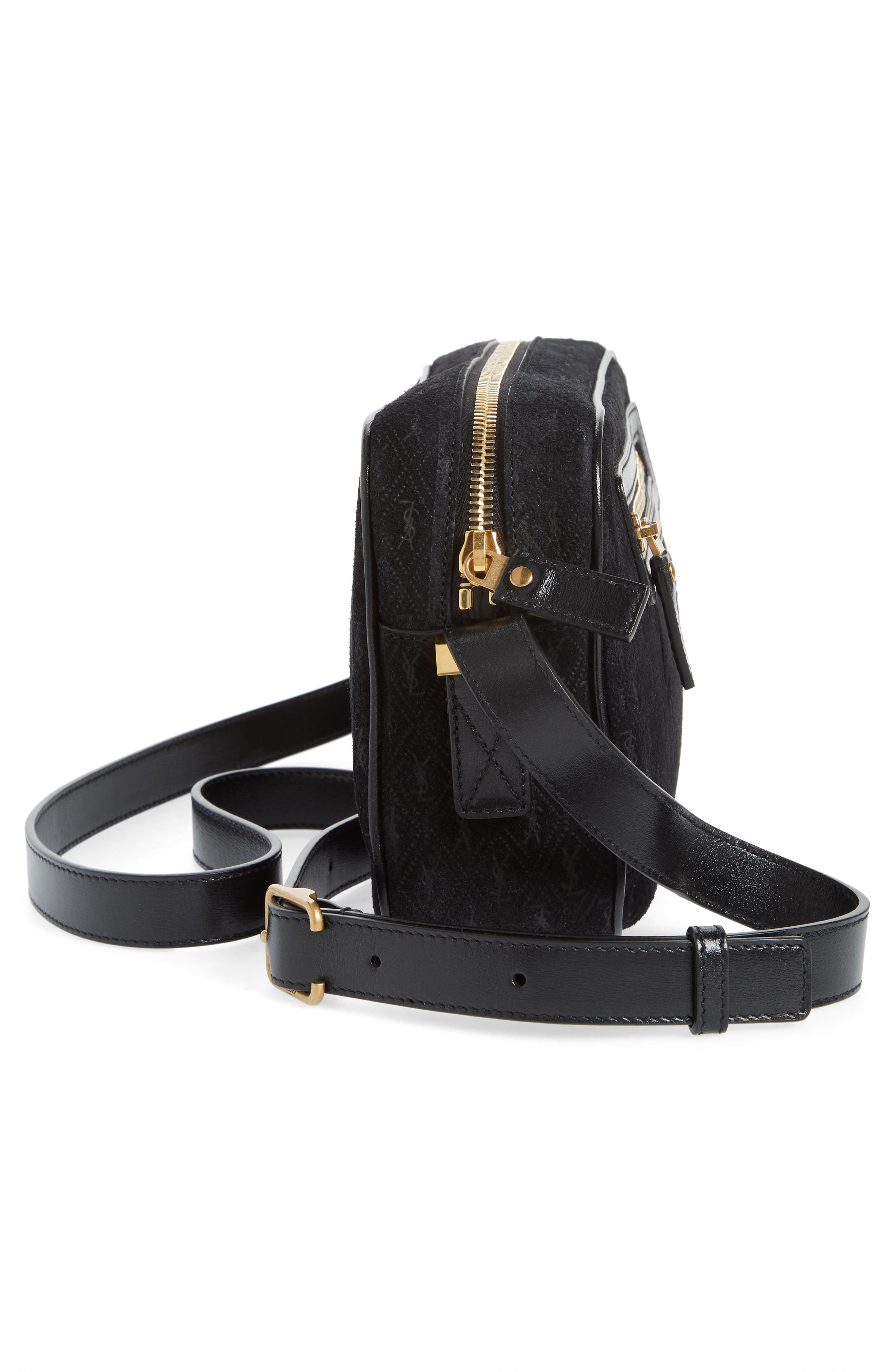 Saint Laurent Monogram Debossed Suede Camera Crossbody Bag, Alternate, color, 