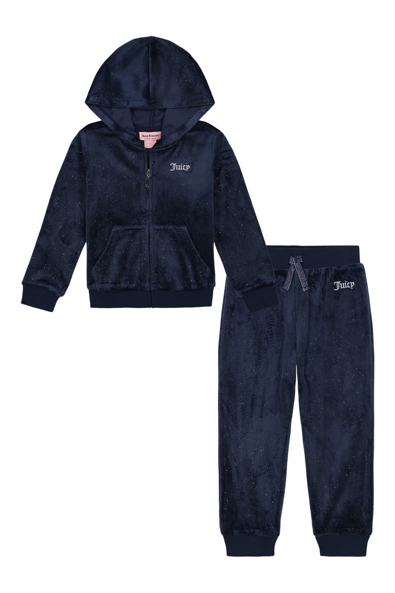 Glitter Velour Logo Full Zip Hoodie & Joggers Set, Main, color, NAVY
