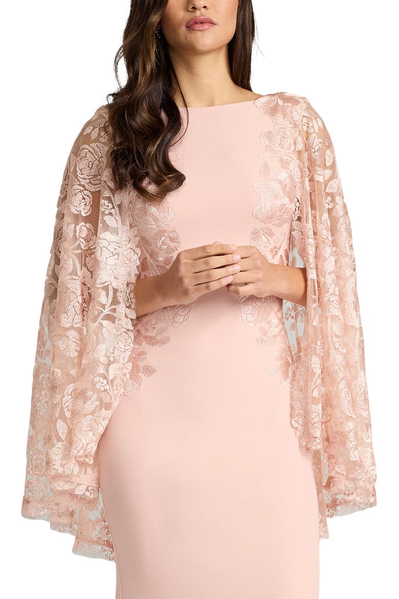 Embroidered Capelet Long Sleeve Gown, Alternate, color, PALE PINK