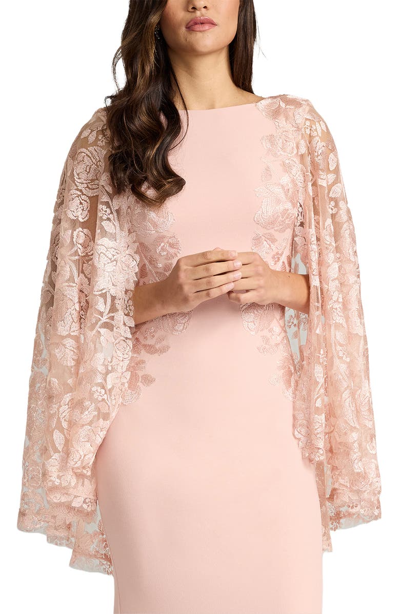 Tadashi Shoji Embroidered Capelet Long Sleeve Gown, Alternate, color, Pale Pink