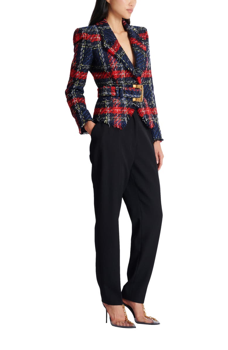 Balmain Belted plaid tweed jacket, Main, color, Red