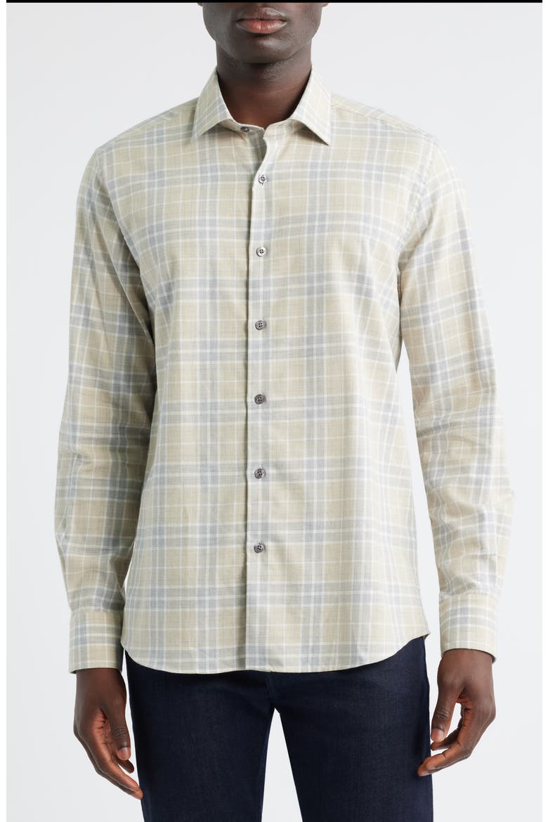Weekend Regular Fit Heathered Plaid Cotton Button-Up Shirt, Main, color, KHAKI HEATHER