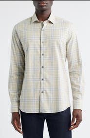Scott Barber Weekend Regular Fit Heathered Plaid Cotton Button-Up Shirt