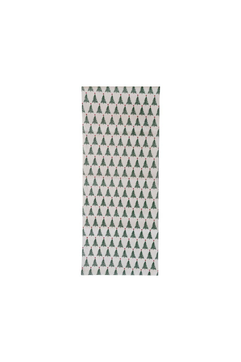 Stonewashed Cotton Printed Table Runner with Christmas Tree Pattern, Main, color, Natural; Green