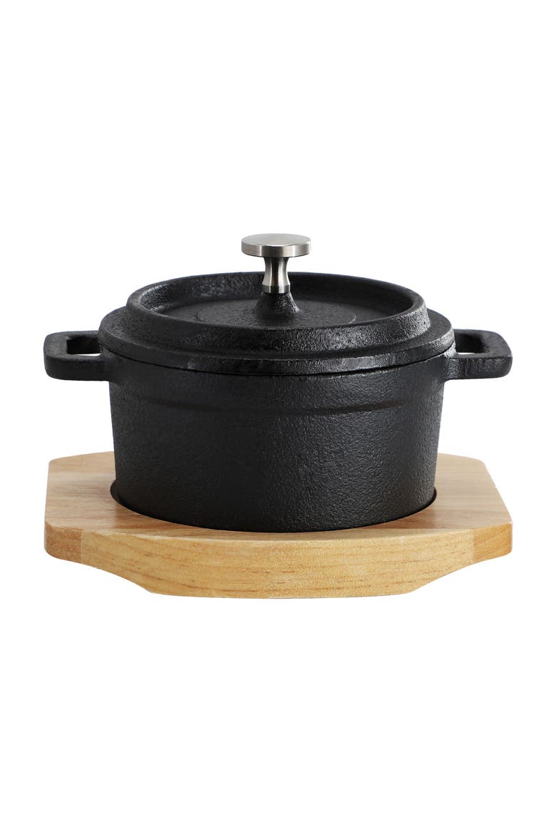 Cast Iron 8 Ounce Mini Dutch Oven with Wood Tray, Main, color, Black