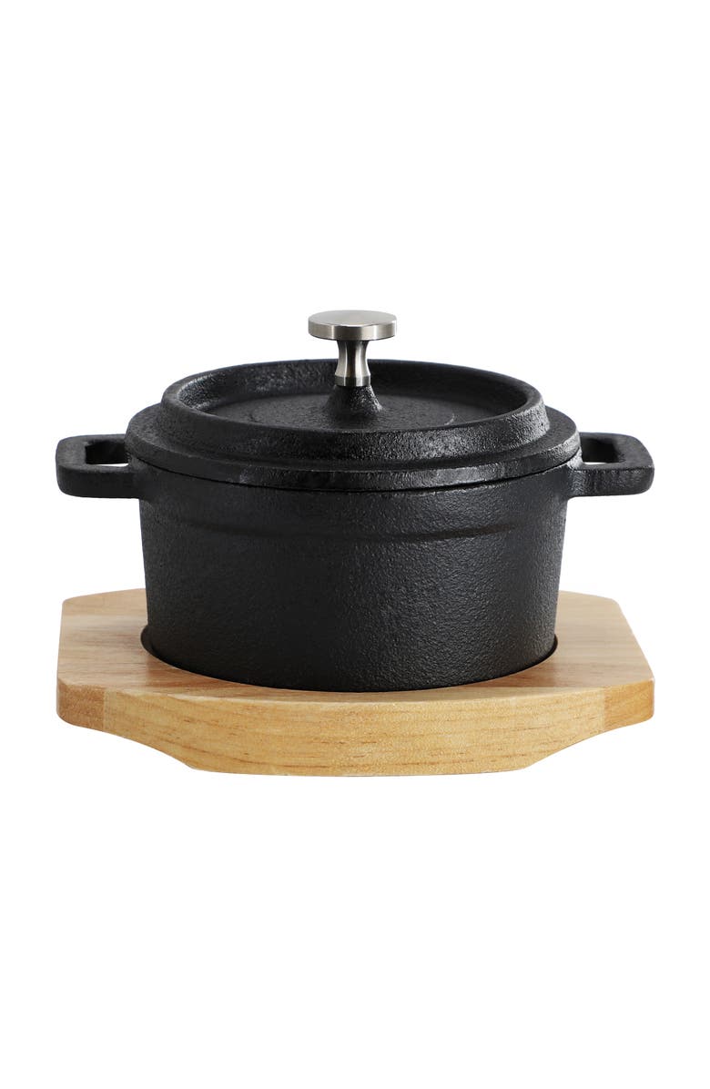 Megachef Cast Iron 8 Ounce Mini Dutch Oven with Wood Tray, Main, color, Black