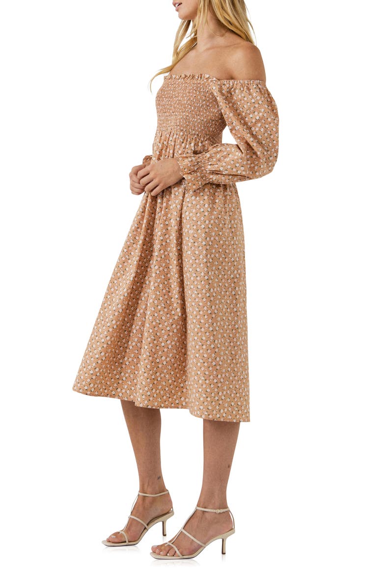 Floral Smocked Long Sleeve Midi Dress, Alternate, color, TAN MULTI