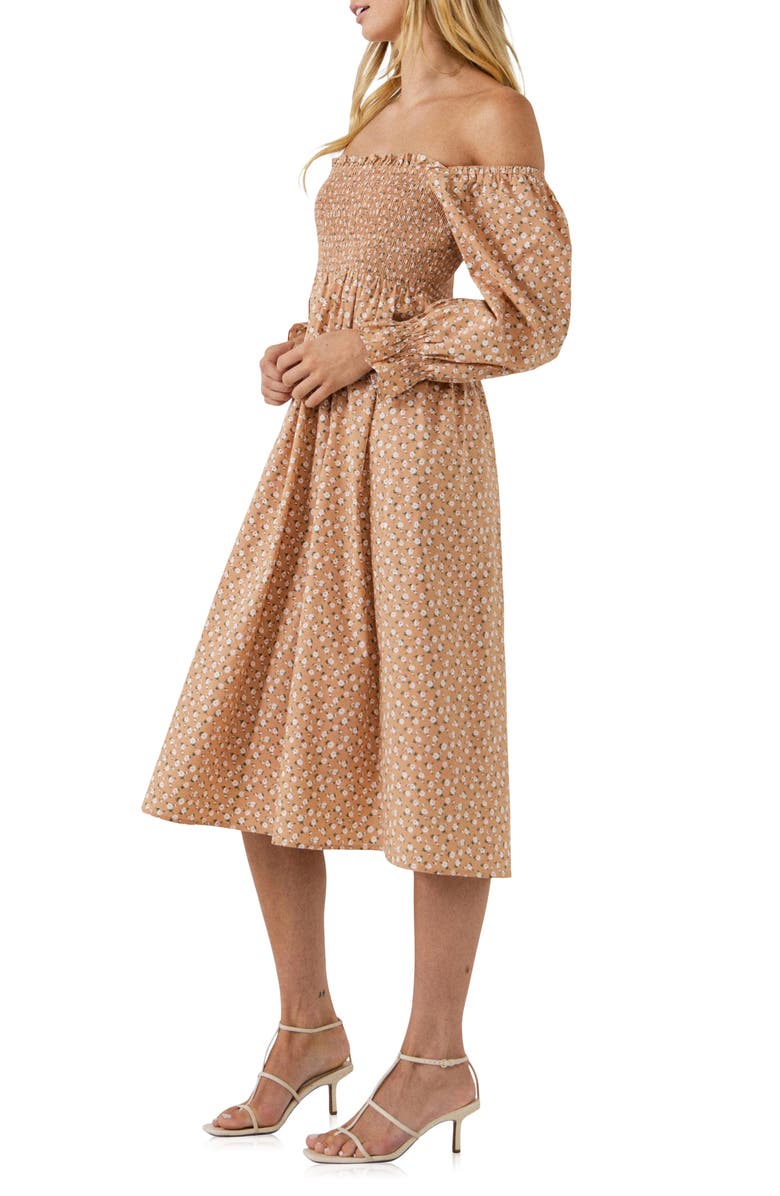 English Factory Floral Smocked Long Sleeve Midi Dress, Alternate, color, Tan Multi