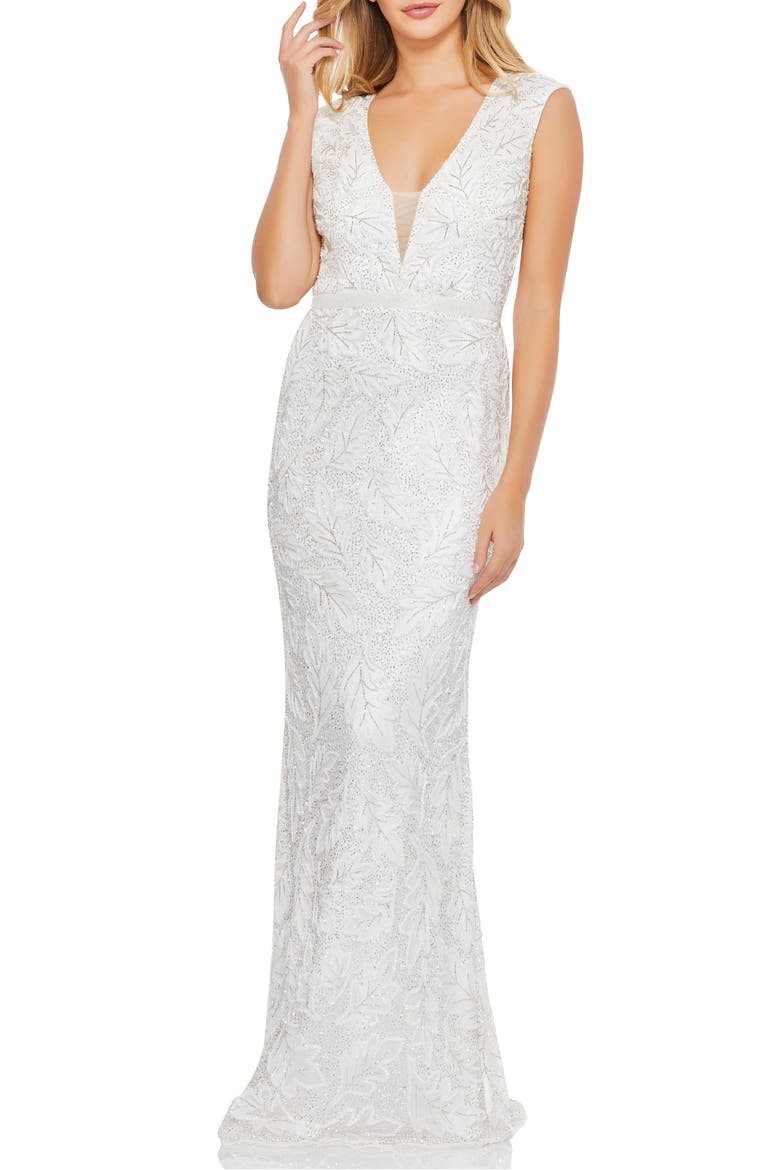 Leaf Beaded Illusion Plunge Neck Gown, Main, color, WHITE