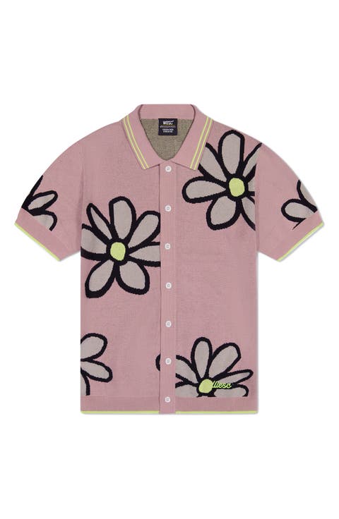 Daisy Jacquard Short Sleeve Cotton Button-Up Polo Sweater