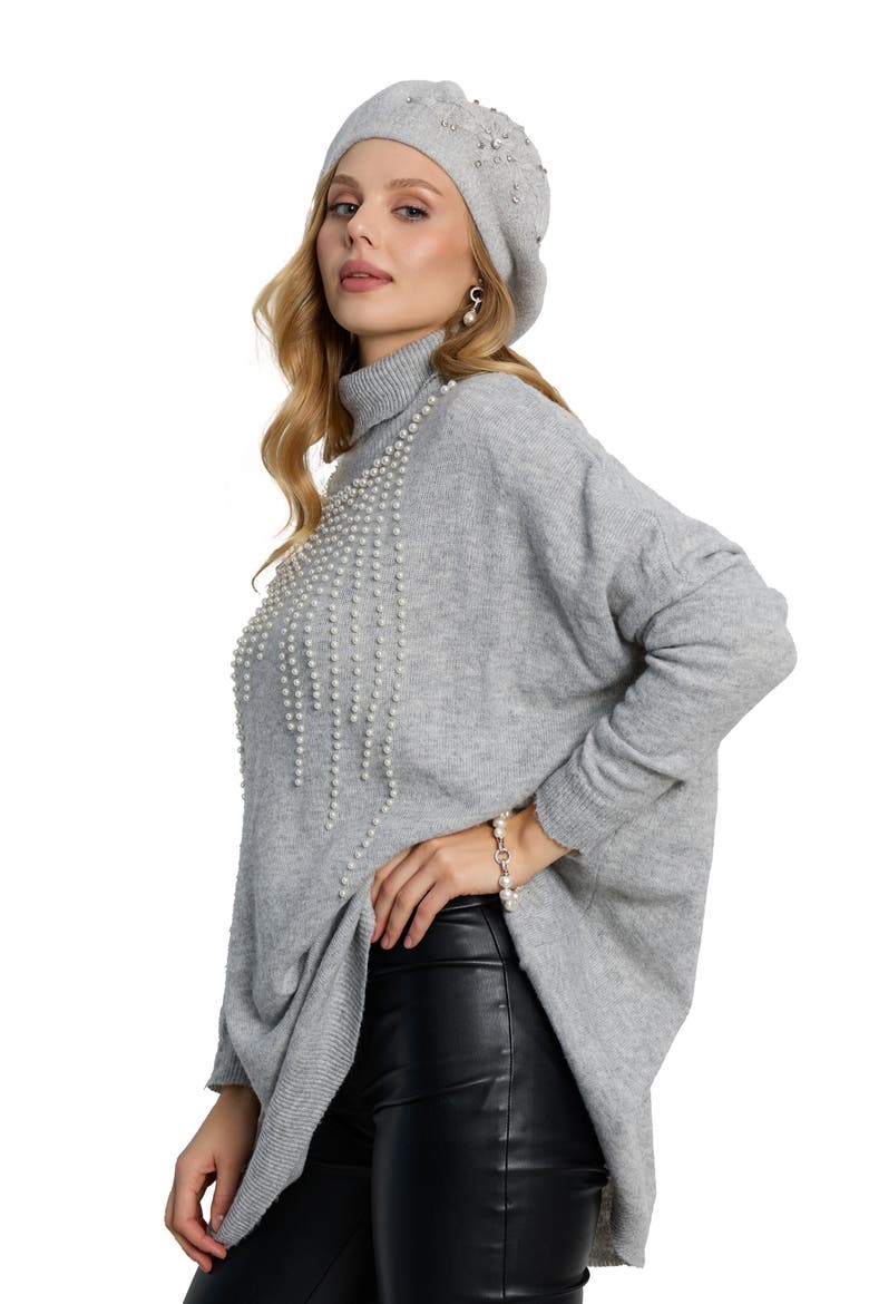 Faux Pearl Turtleneck Tunic Sweater, Alternate, color, GREY